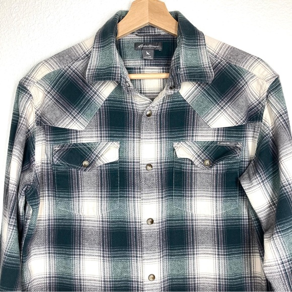 Eddie Bauer Western Shirt Plaid Button Up Snap Perl Mens M Long Sleeves Green - Picture 5 of 13